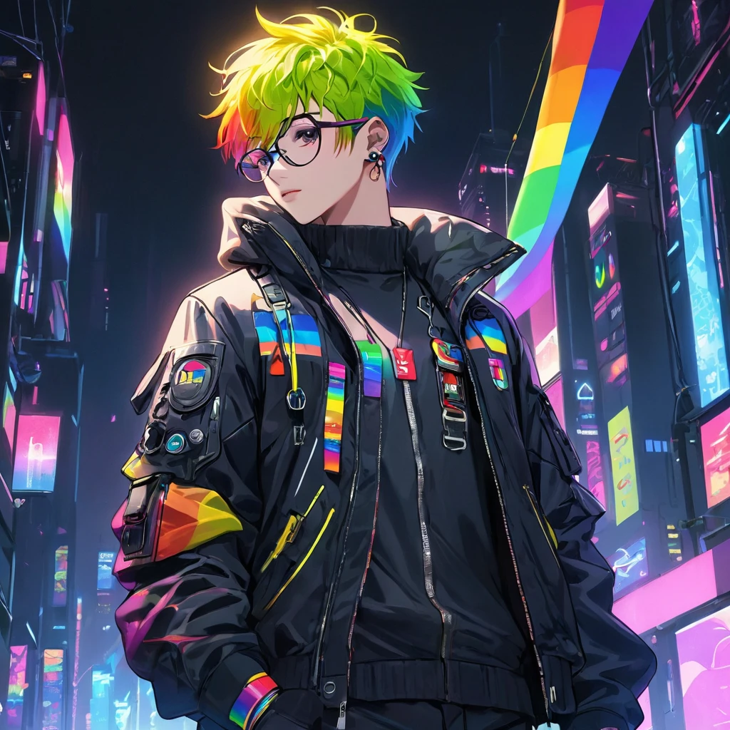 Billy retains his modern, cyberpunk aesthetic with a sleek, urban look, blending high-tech and streetwear fashion.
Hair: His hair is styled in a contemporary, edgy manner, often with vibrant colors or highlights that complement his overall appearance. Perhaps he occasionally changes his hair color to express his personality and pride, including subtle rainbow streaks or other LGBTQ+ symbols.
Outfit:
Jacket: A high-tech jacket with sleek design, featuring neon accents and digital patterns. It’s fitted and functional, with occasional pride-themed patches or pins.
Shirt: A bold-colored shirt underneath the jacket, possibly featuring subtle patterns or symbols representing LGBTQ+ pride.
Pants: Modern and fitted, designed for mobility and style. They might include small pride elements like rainbow stitching.
Footwear: Futuristic shoes with a sleek design and high-tech enhancements, ensuring both comfort and a cutting-edge look. They might have small, colorful accents.
Accessories:
Glasses/Goggles: Stylish glasses or high-tech goggles that add to his cyberpunk aesthetic.
Tech Gear: Equipped with various pieces of tech gear, such as a wrist device or gloves with digital interfaces, emphasizing his role in a high-tech world. Some tech gear might display pride colors or symbols.
Pride Accessories: Small pride flags, bracelets, or pins on his jacket or tech gear.