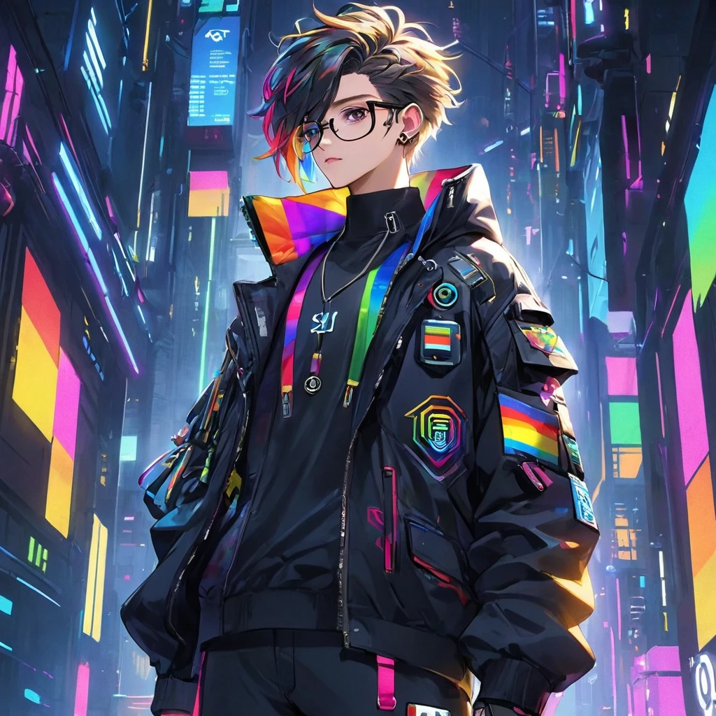 Billy retains his modern, cyberpunk aesthetic with a sleek, urban look, blending high-tech and streetwear fashion.

Hair: His hair is styled in a contemporary, edgy manner, often with vibrant colors or highlights that complement his overall appearance. Perhaps he occasionally changes his hair color to express his personality and pride, including subtle rainbow streaks or other LGBTQ+ symbols.

Outfit:

Jacket: A high-tech jacket with sleek design, featuring neon accents and digital patterns. It’s fitted and functional, with occasional pride-themed patches or pins.
Shirt: A bold-colored shirt underneath the jacket, possibly featuring subtle patterns or symbols representing LGBTQ+ pride.
Pants: Modern and fitted, designed for mobility and style. They might include small pride elements like rainbow stitching.
Footwear: Futuristic shoes with a sleek design and high-tech enhancements, ensuring both comfort and a cutting-edge look. They might have small, colorful accents.
Accessories:

Glasses/Goggles: Stylish glasses or high-tech goggles that add to his cyberpunk aesthetic.
Tech Gear: Equipped with various pieces of tech gear, such as a wrist device or gloves with digital interfaces, emphasizing his role in a high-tech world. Some tech gear might display pride colors or symbols.
Pride Accessories: Small pride flags, bracelets, or pins on his jacket or tech gear.
