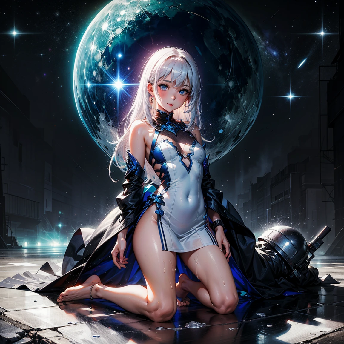 1girl, (solo), long hair, white hair, blue eyes, fair skin, small breasts, small size, glossy lips, happy face, white little dress, barefoot, looking down on viewer, full body, kneeling down, legs crossed, naked sex, sex view, lots of cum in sex, space, (night), blue moon, (very sexy body, detailed face, masterpiece, highly detailed, 8k, best quality, vibrant colors, digital art, concept art).