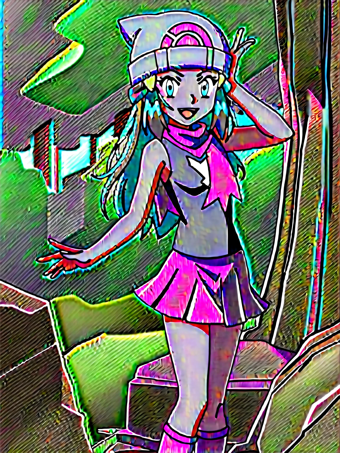 score_9, score_8_up, score_7_up, source anime, anime, animification, anime screencap, anime coloring, vivid colors, shiny skin, skindentation, deep skin, depth of field, high quality, highres, (dynamic angle,dynamic pose), dawncheerxl, 1girl, solo, long hair, looking at viewer, smile, open mouth, blue eyes,beanie, black sleeveless shirt, pink scarf, pink skirt, pink boots,outdoors, hair ornament, sky, holding, blue hair, :d, sidelocks, tongue, socks, hairclip, eyelashes , dawn \(pokemon\) BREAK masterpiece,high quality