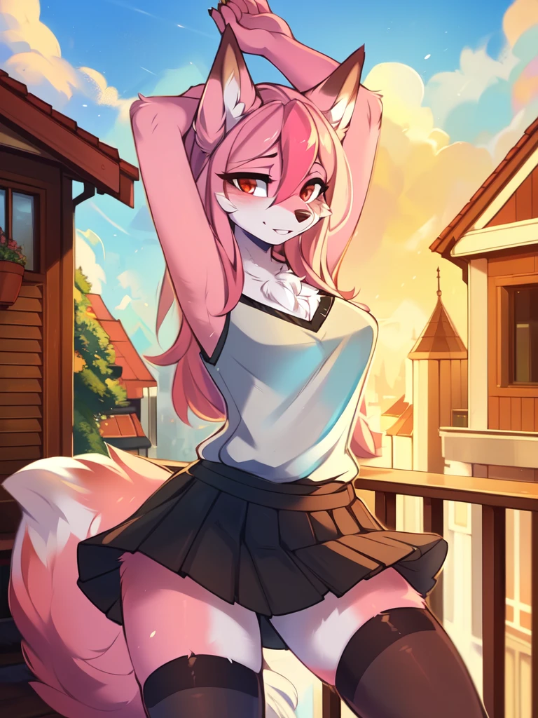from Kenketa, Ross Tran, Ruan Jia, mumps, Foxovh, от zackary911, от Hyattlen, on a terrace, by Fumiko, от Pixelsketcher, by Bayard Wu, Thomas Benjamin Kennington, from Einshelm, from Kilina, by Coffeesoda, from Hyoshiru, from down-kevlar, от r-mk, by Dimwitdog, fluffy, Nazuna_hiwatasi, antro, Female, One, standing, mocking look, (half-closed eyes), pink hair, pink tail, (white for girls, blues skirt, high stockings), (Red eyes), olhos para trás, (enormes breasts, hips), (Fox), (hands above head), (pink body, two-tone fur), bunda para expectador, olhando para trás, the end