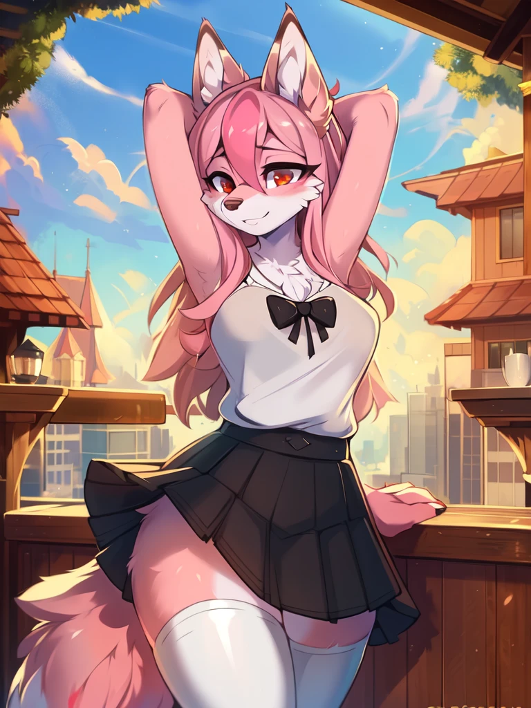from Kenketa, Ross Tran, Ruan Jia, mumps, Foxovh, от zackary911, от Hyattlen, on a terrace, by Fumiko, от Pixelsketcher, by Bayard Wu, Thomas Benjamin Kennington, from Einshelm, from Kilina, by Coffeesoda, from Hyoshiru, from down-kevlar, от r-mk, by Dimwitdog, fluffy, Nazuna_hiwatasi, antro, Female, One, standing, mocking look, (half-closed eyes), pink hair, pink tail, (white for girls, blues skirt, high stockings), (Red eyes), olhos para trás, (enormes breasts, hips), (Fox), (hands above head), (pink body, two-tone fur), bunda para expectador, olhando para trás, the end