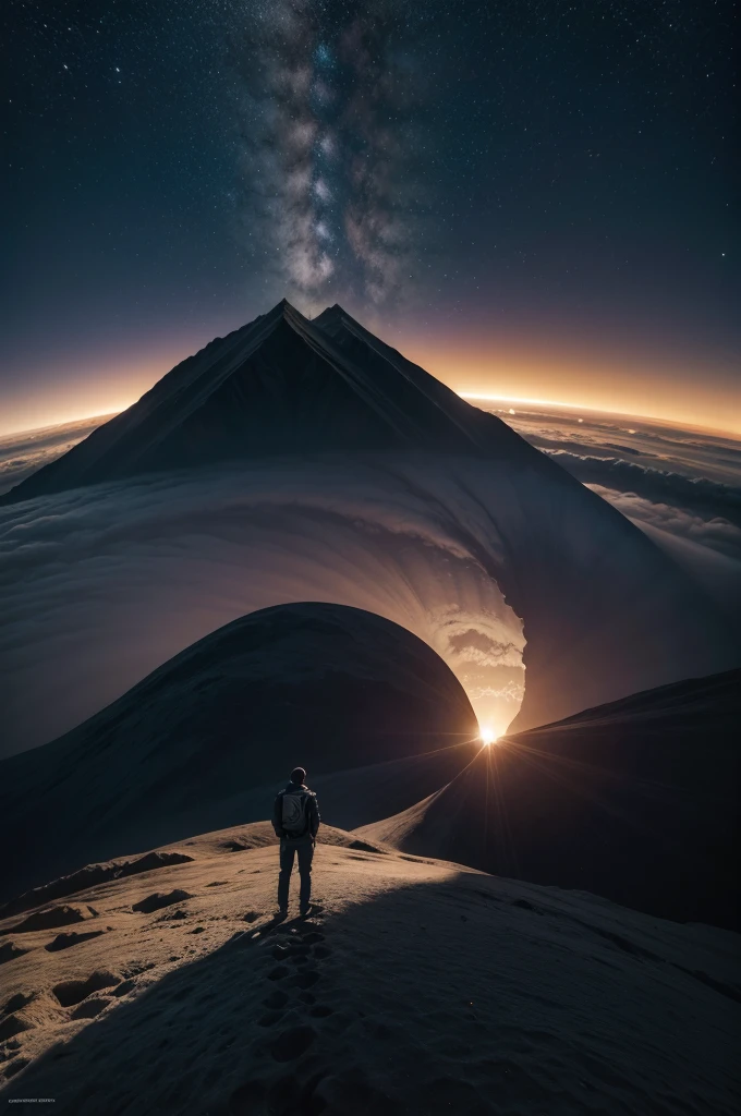 paisaje, two planets colliding in the sky, a third-person observer with his back to the camera, a vast plain in front of you.