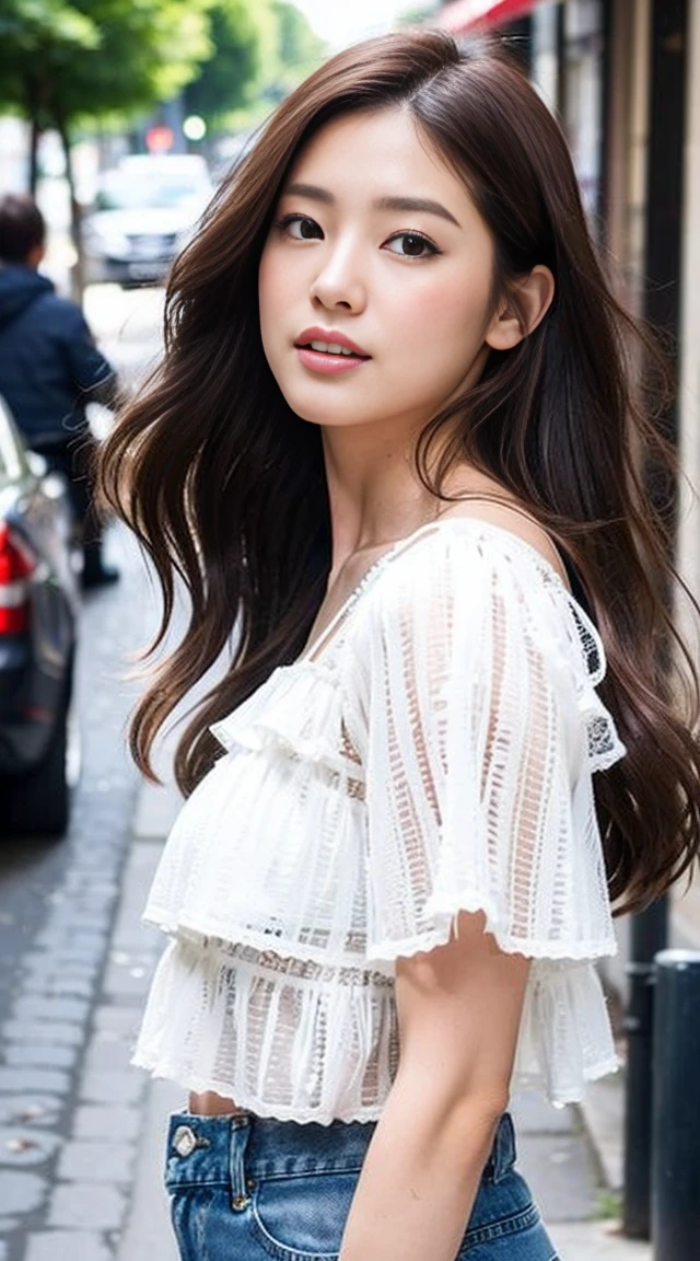 Dark brown hair、Light brown eyes、Japanese actress、 Lady、I am about 40 years old...........、(Intricate details:1.2)、 (Ultra-high resolution:1.2)、Ultra-high resolution、(Finely tuned)、(Detailed facial features)、Hmph、8K resolution、D cup size breasts、Long Hair、white TulleTop、FrillsTop、Tulle Frills Top、Denim pants、Basking in the sunshine、summer、hot、Trending Fashion、2024、Open your chin a little、Open your mouth a little、A fashionable street in Paris、Holding back my hair blowing in the wind、Windblown Hair、