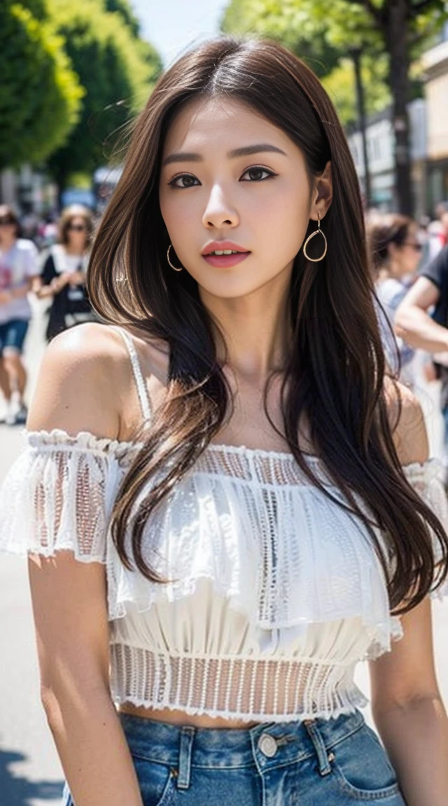 Dark brown hair、Light brown eyes、Japanese actress、 Lady、I am about 40 years old...........、(Intricate details:1.2)、 (Ultra-high resolution:1.2)、Ultra-high resolution、(Finely tuned)、(Detailed facial features)、Hmph、8K resolution、D cup size breasts、Long Hair、white　TulleTop、FrillsTop、Tulle　Frills　Top、Denim pants、Basking in the sunshine、summer、hot、Trending Fashion、2024、Open your chin a little、Open your mouth a little、A fashionable street in Paris、Holding back my hair blowing in the wind、Windblown Hair、