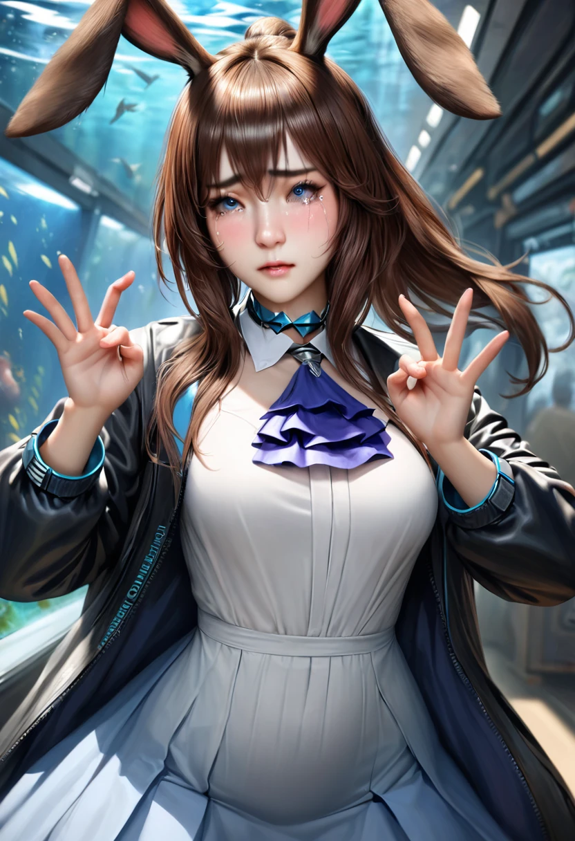 animetoreal,soft light, masterpiece, best quality,realistic,photorealistic,1girl,,amiya_(arknights), animal ears, rabbit ears, blue eyes, brown hair, tight medium hair, half-up, long ponytail, black jacket, blue skirt, blue ascot, white dress shirt, fly front, tights,1girl,upper body,Condom in mouth, double V gesture,blush,tears in eyes,embarrassed,in aquarium,floating_hair