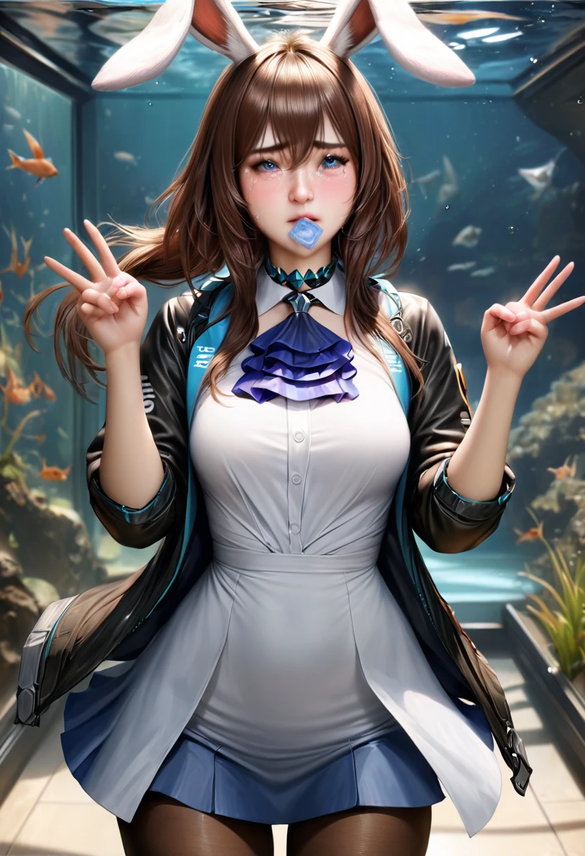 animetoreal,soft light, masterpiece, best quality,realistic,photorealistic,1girl,,amiya_(arknights), animal ears, rabbit ears, blue eyes, brown hair, tight medium hair, half-up, long ponytail, black jacket, blue skirt, blue ascot, white dress shirt, fly front, tights,1girl,upper body,Condom in mouth, double V gesture,blush,tears in eyes,embarrassed,in aquarium,floating_hair