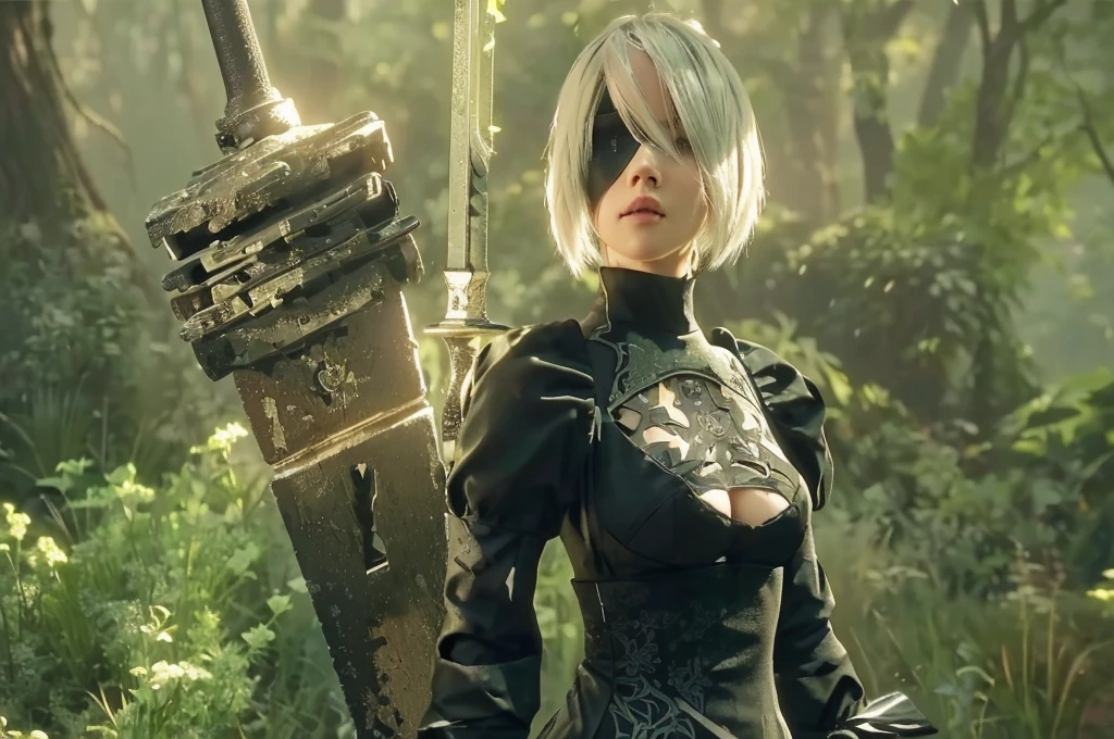 Woman with sword standing in the forest, film still of 2b Nier Automata, screenshot from Nier Automata, 2b Nier Automata, Nier : Automata inspired, Nier:Automata inspired, Nier Automata, Nier:Automata, Nier 2b ..., 2b ..., 2b, Nier autoamata, 2b from Nier Automata