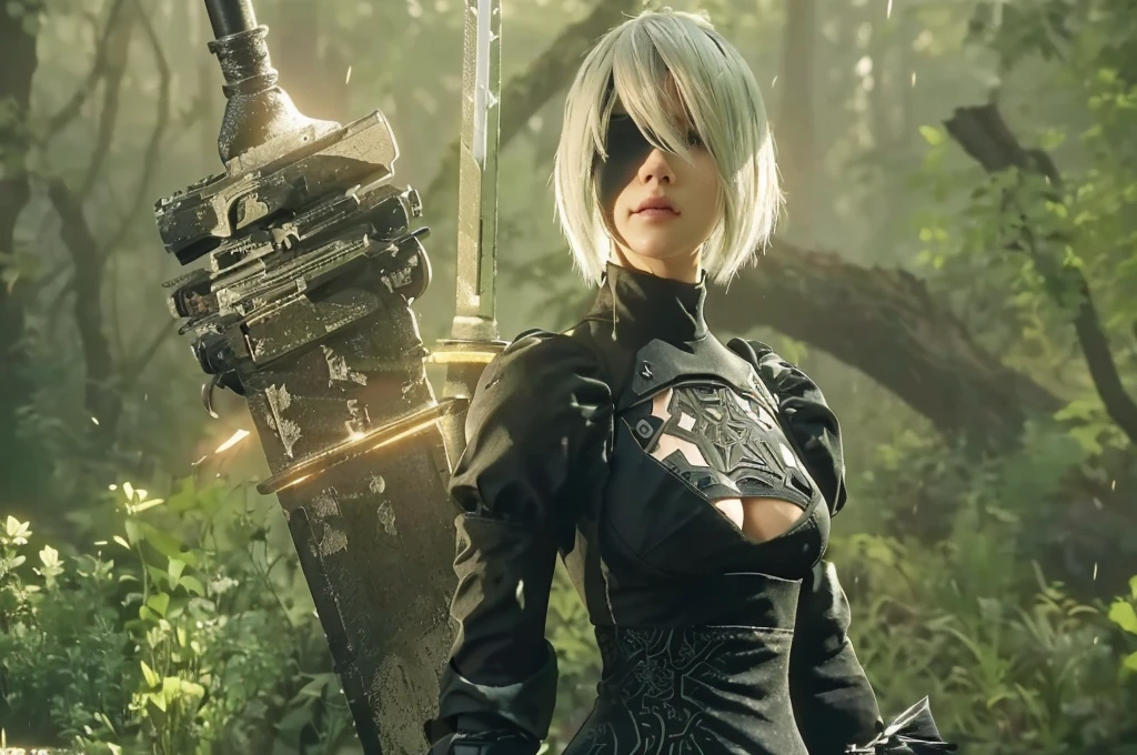 Woman with sword standing in the forest, film still of 2b Nier Automata, screenshot from Nier Automata, 2b Nier Automata, Nier : Automata inspired, Nier:Automata inspired, Nier Automata, Nier:Automata, Nier 2b ..., 2b ..., 2b, Nier autoamata, 2b from Nier Automata