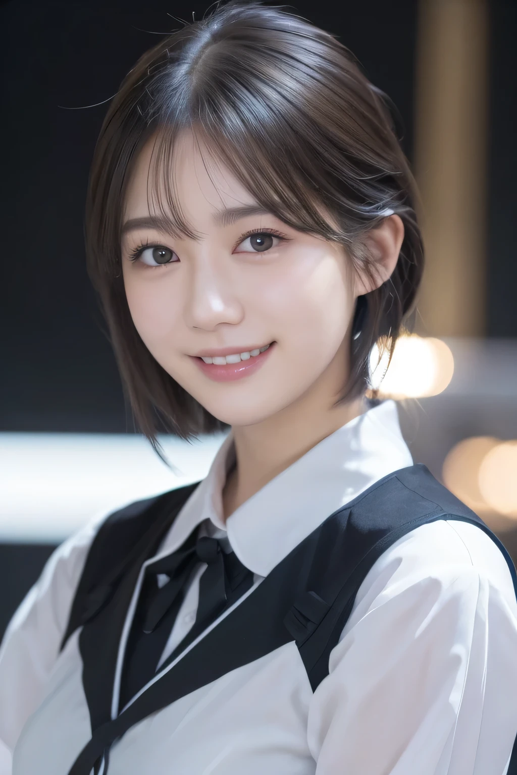 Private High School Uniforms、short hair、beautiful girl、beautifulディテールまでこだわった目、 venue、Highest quality, 超High resolution, (reality: 1.2), Cinema Lighting、(Japanese Girls)、 beautiful、beautiful肌、(Looking at the audience)、(Surreal)、(High resolution)、(8K)、(Very detailed)、(beautifulディテール)、(Very detailed)、 (wallpaper)、Detailed face、Bright lighting、Professional Lighting、smile、Highest quality、 masterpiece、超High resolution、(reality的:1.3)、RAW Photos、1 Girl、Black Hair、Glowing Skin、((Ultra-reality的 Details))、Portraiture、Global Illumination、Shadow、Octane Rendering、Ultra Sharp、Metal、Cool colors、、Very intricate detail、reality的 Light、smile