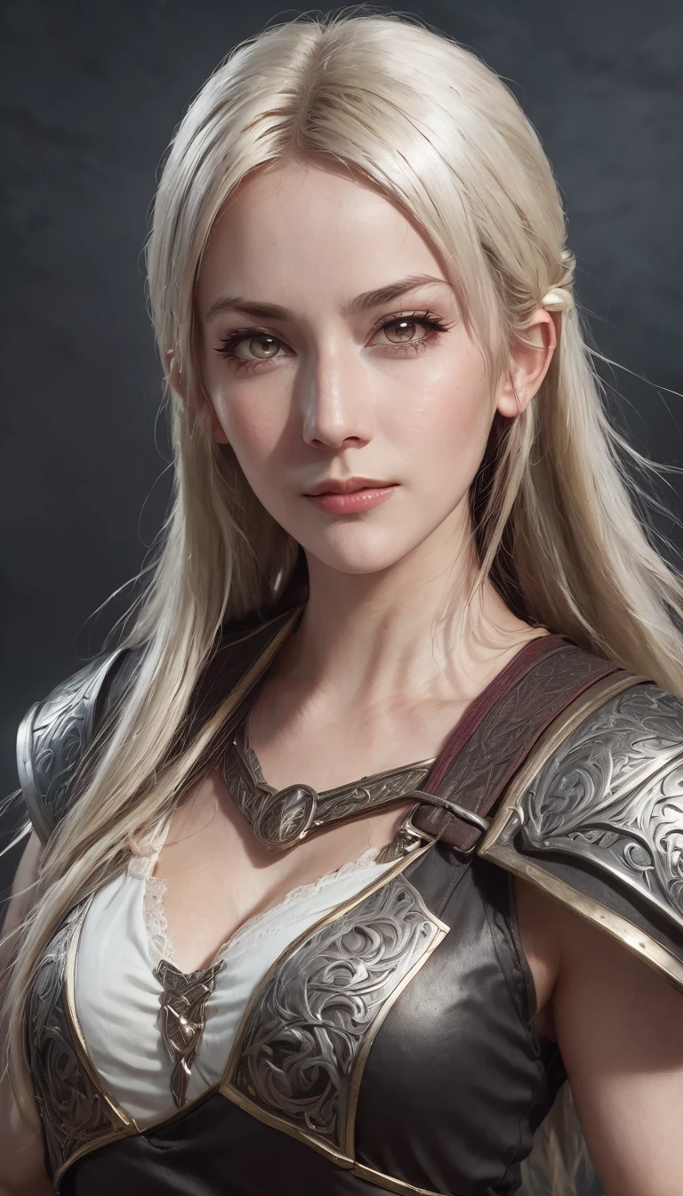 (character portrait for the game Dungeons and dragons), (female 30 years old, spellblade, high charisma), (white skin:0.8, nordic facial features, heavy black makeup, light blue eyes, blond, long, straight hair), (dark fantasy), (heavy platemail armor, gray metallic, cleavage),([dim lights], shadows in the background, red, black, yellow)