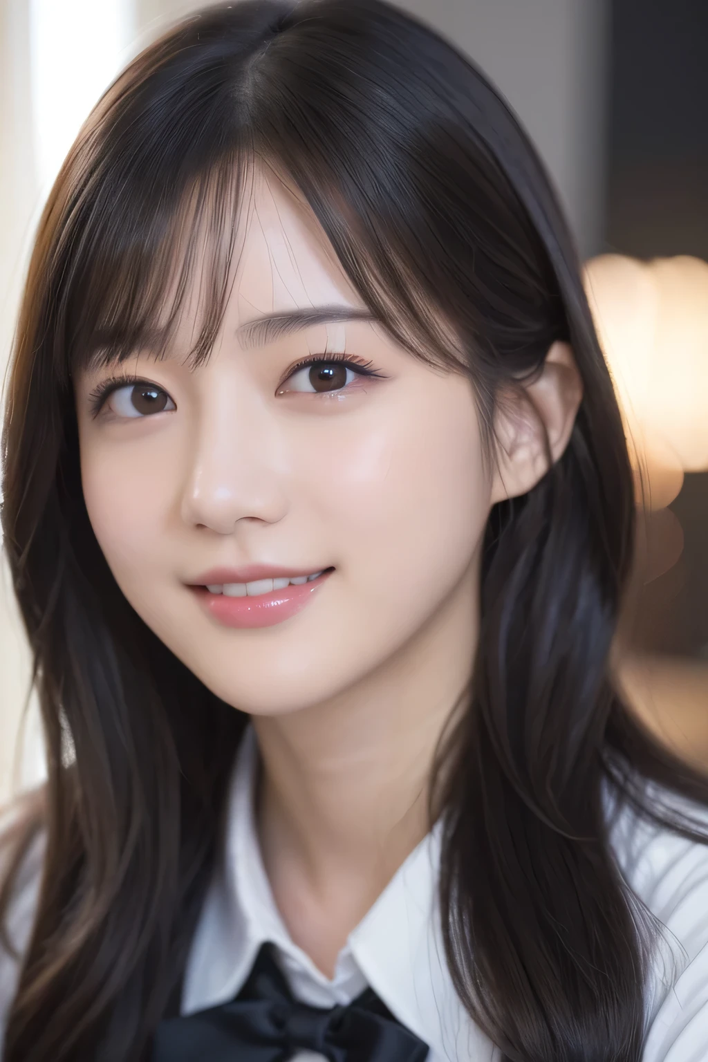 Private High School Uniforms、short hair、beautiful girl、beautifulディテールまでこだわった目、 venue、Highest quality, 超High resolution, (reality: 1.2), Cinema Lighting、(Japanese Girls)、 beautiful、beautiful肌、(Looking at the audience)、(Surreal)、(High resolution)、(8K)、(Very detailed)、(beautifulディテール)、(Very detailed)、 (wallpaper)、Detailed face、Bright lighting、Professional Lighting、smile、Highest quality、 masterpiece、超High resolution、(reality的:1.3)、RAW Photos、1 Girl、Black Hair、Glowing Skin、((Ultra-reality的 Details))、Portraiture、Global Illumination、Shadow、Octane Rendering、Ultra Sharp、Metal、Cool colors、、Very intricate detail、reality的 Light、smile