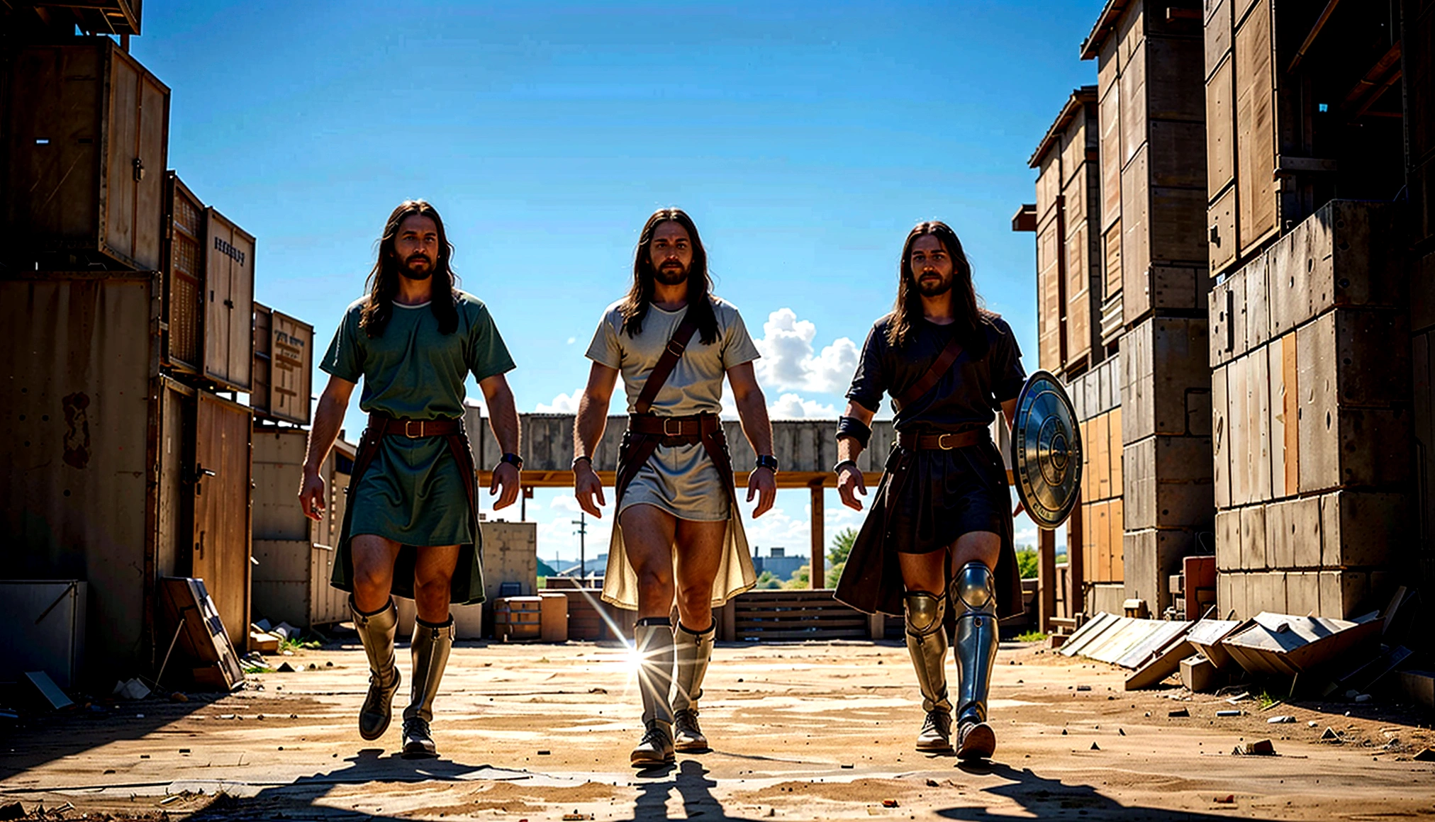 create a high resolution image of a war environment jesus is protecting a with a shield as they walk