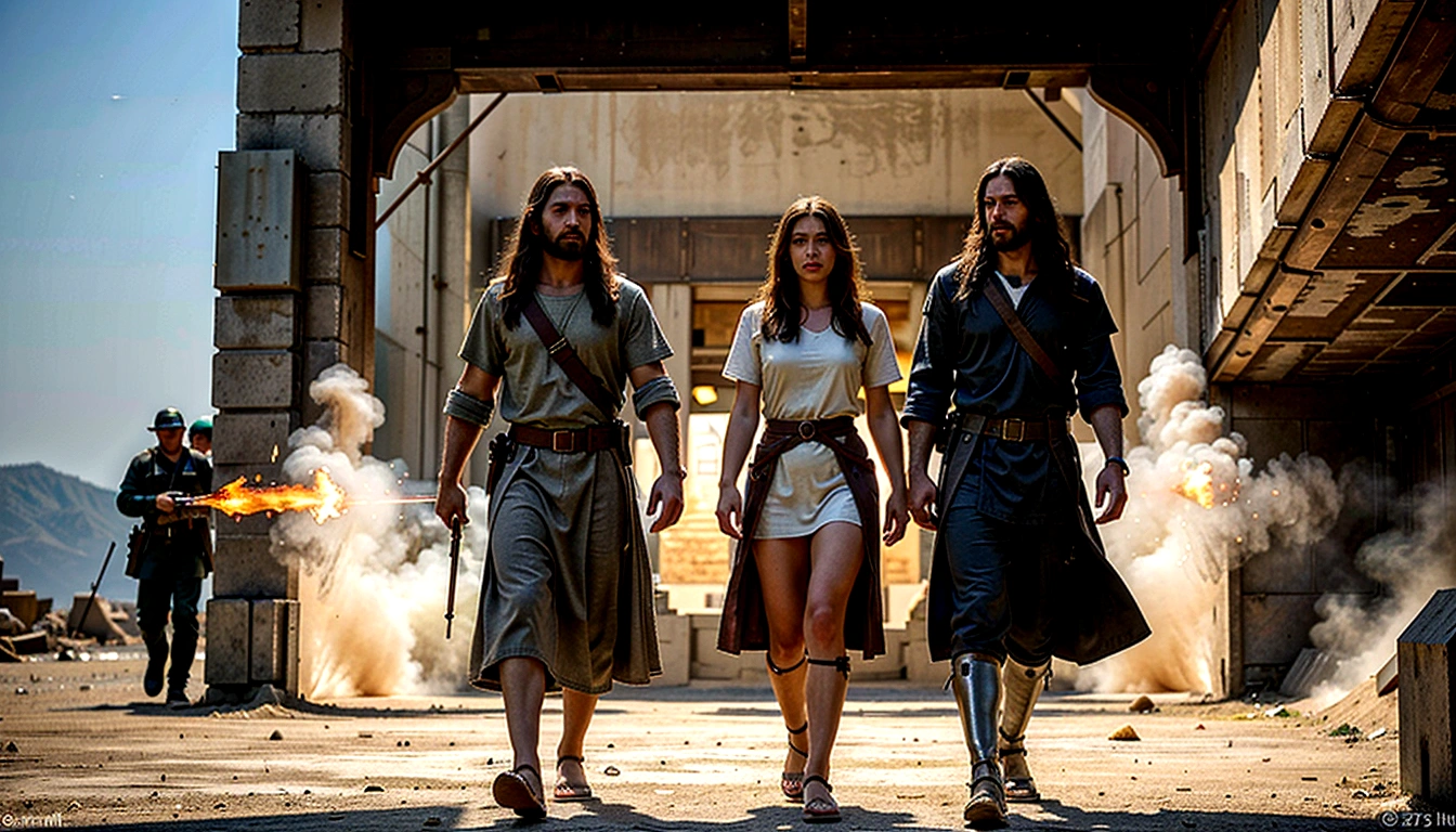 create a high resolution image of a war environment jesus is protecting a with a shield as they walk