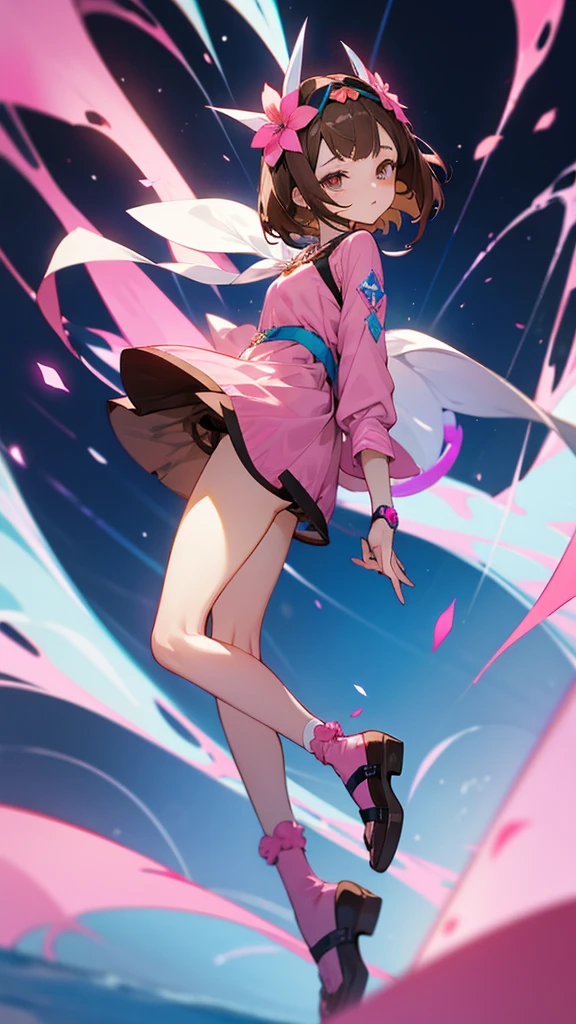 Anime girl wearing short brown hair and wearing a biniki outfit with a short skirt by her panties her eyes are blue and a pink flower on her head full body and white screen