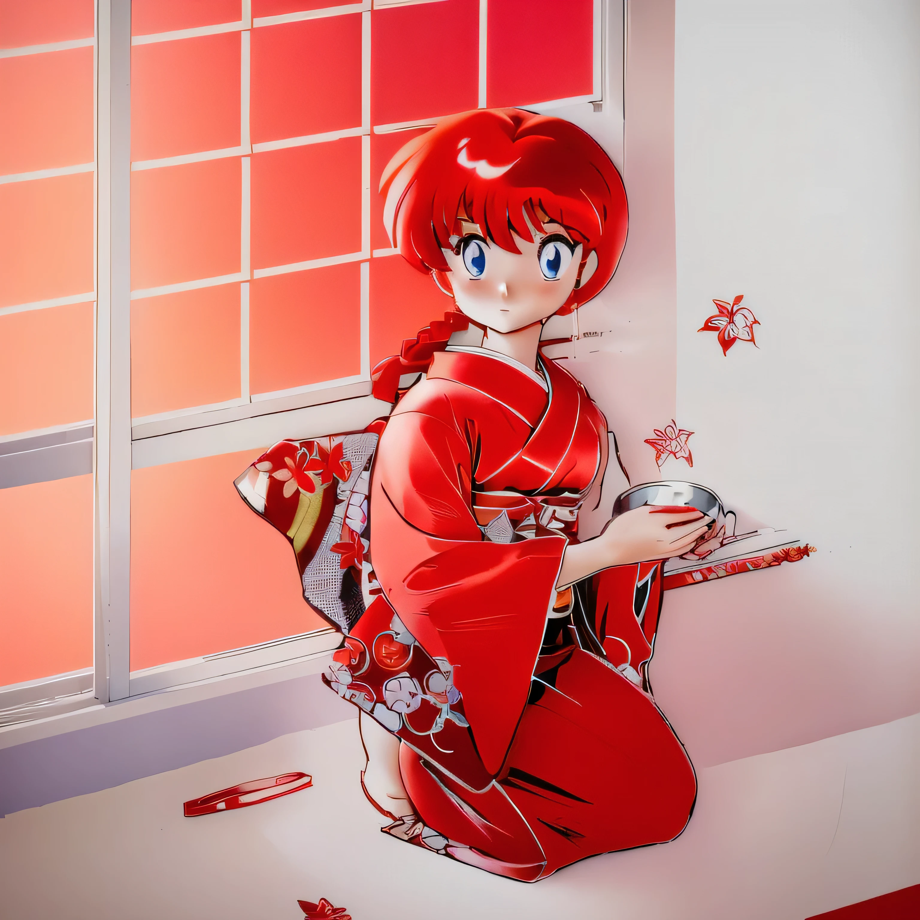 girl in red kimono, de Rumiko Takahashi, Redhead anime girl with red red kimono, 16 yrs old, Body cute, breasts big, holding bowl of soup, sexy girl, red hair with braid, side hair highlights, locks of hair on the side of the face, beautiful lighting, softshadows, blue colored eyes, is crouched, anime styling, ranma chan, Autora Rumiko Takahashi, Based on a work by Rumiko Takahashi, Anime Ranma 1/ 2 , decote sexy, young girl with beautiful and beautiful body, sandals on his feet, garota 16 yrs old jovem baixa estatura, anime girl, anime styling, redhead braid, beautiful breasts