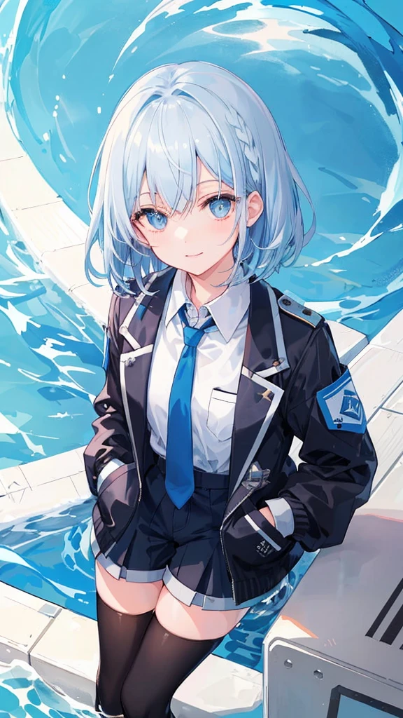 ((top-quality)), ((​masterpiece)), ((Ultra-detail)), (extremely delicate and beautiful), girl with, solo, cold attitude,((Black jacket)),She is very(relax)with  the(Settled down)Looks,A darK-haired, depth of fields,evil smile,Bubble, under the water, Air bubble,bright light blue eyes,Inner color with light blue hair and dark blue tips,Cold background,Bob Hair - Linear Art, shortpants、knee high socks、White uniform like 、Light blue ribbon ties、Clothes are sheer、Hands in pockets