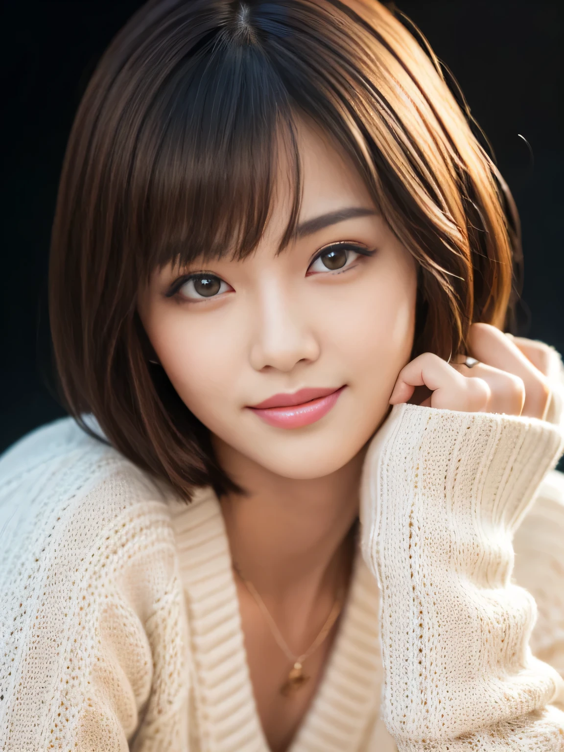 masterpiece, best quality, ultra-detailed, intricately detailed hyperdetailed, realistic, sharp features, highly detailed, sharp focus, 19years old, perfect face, perfect face, perfect symmetrically perfect eyes, perfect full lips, flexible female form, cinematic, film light, hyper detailed, hyper realistic, high resolution, vibrant, dynamic studio lighting, ((Dark background)), (seductive smile), short hair, straight Bangs, brown Eyes, White sweater, cowboy shot,