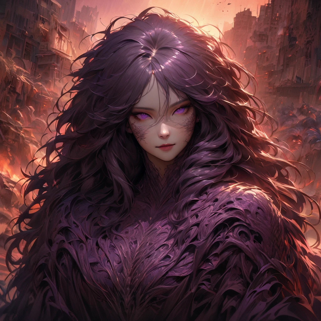 [Best quality, shaded, extreme detail, highly detailed, ultra detailed, intricate, realistic, perfect face, full body portrait], fenrir woman, thick fur, full tail, long hair, (dark colored fur), eyes in almond (dark purple color), discreet smile, serene face, animal clothing (a completely hairy humanoid body), an apocalyptic setting at sunset.