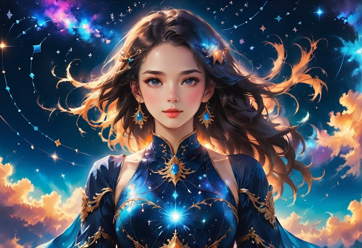 a portrait of an astrologer looking at libra constellation in the night sky, an extraordinary beautiful woman, there is magic in her eyes divining the future from the Libra constellation, dynamic hair color, dynamic hair style, wearing an intricate sapphire dress decorated with glowing stars, she looks to the night sky seeing the ((Libra constellation in the sky: 1.3)), vibrant, Ultra-high resolution, High Contrast, (masterpiece:1.5), highest quality, Best aesthetics), best details, best quality, highres, 16k, [ultra detailed], masterpiece, best quality, (extremely detailed), Cinematic Hollywood Film, magical sky, FireMagicAI, dark novel