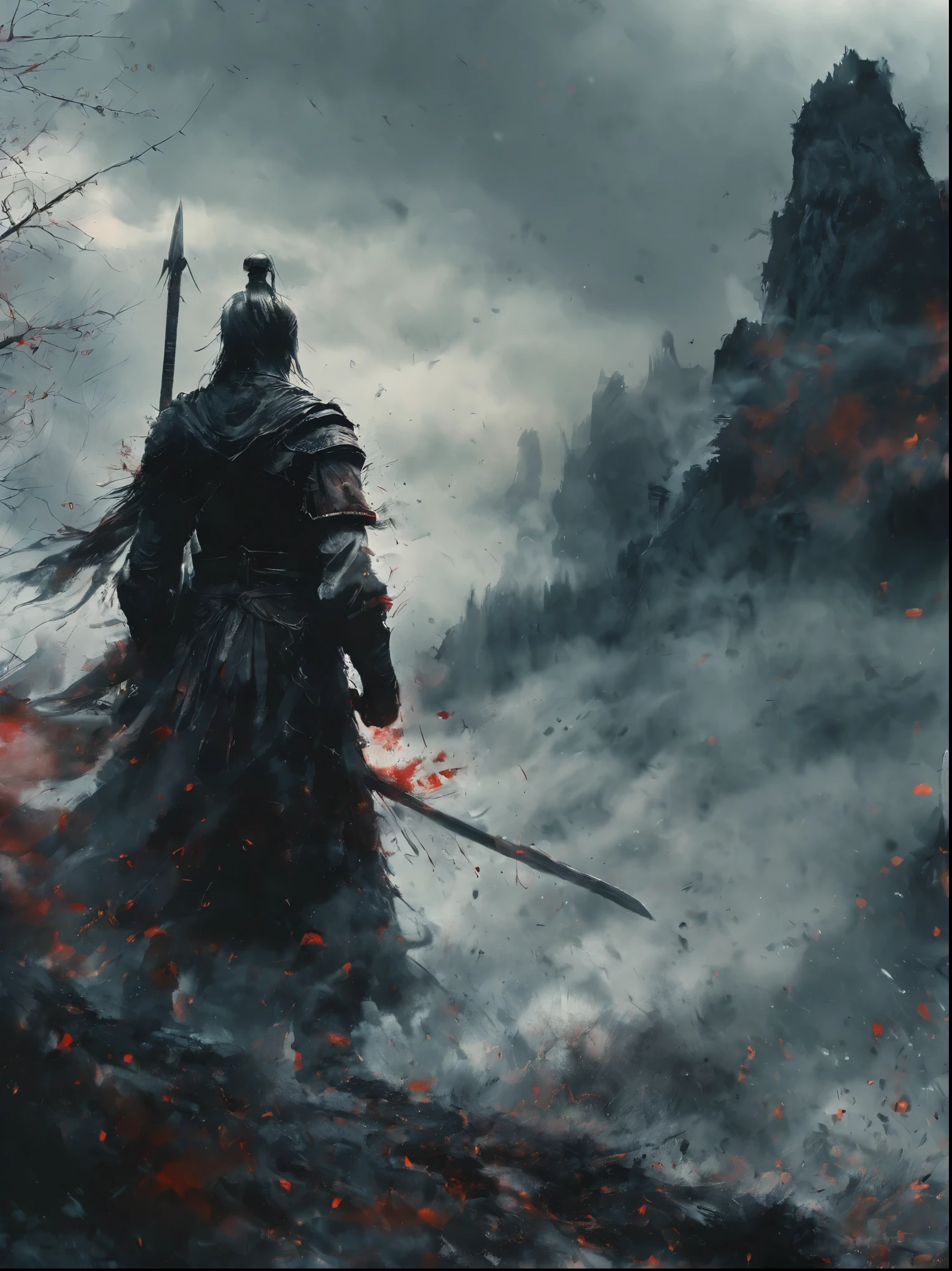 a warrior wearing black armor, helmet, and blood-stained, muscular male figure standing alone, dramatic lighting, dark moody atmosphere, highly detailed, cinematic, epic, concept art style