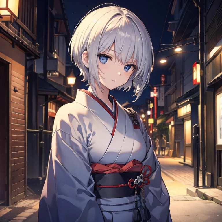 (((1 person))) ((High resolution Gray Hair short hair Black kimono shoulder)) ((Black Band military commander Lonely despair blue eyes)) ((night Japanese style old Shining Aura Townscape View))