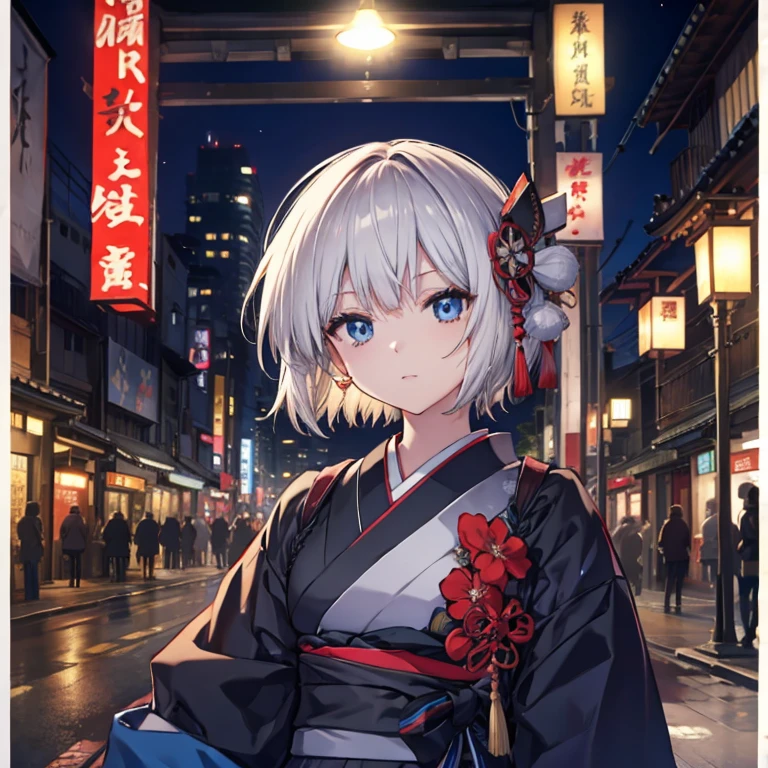 (((1 person)))　((High resolution　Gray Hair　short hair　Black kimono　shoulder))　((Black Band　military commander　Lonely　despair　blue eyes))　((night　Japanese style　old　Shining Aura　Townscape　View))　