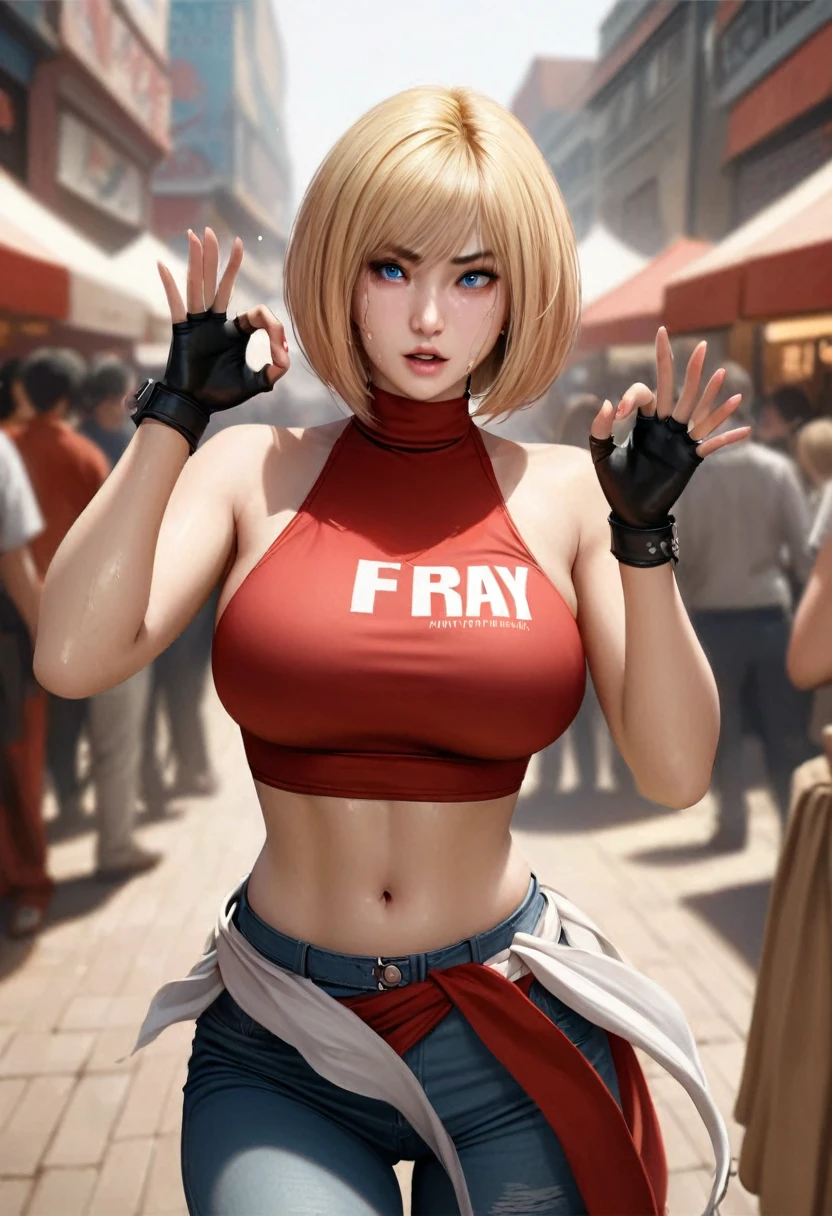 animetoreal,soft light, masterpiece, best quality,realistic,photorealistic,1girl,,blue_mary(fatal_fury), snk, the_king_of_fighters, 1girl, bare_shoulders, blonde_hair, blue_eyes,  short_hair, bob_cut, sweat,crop_top, fingerless_gloves, large_breasts, midriff, navel, red sleeveless_turtleneck, blue denim pants, belt,sexually_suggestive, handjob_gesture,in a plaza,blur background,background defocus