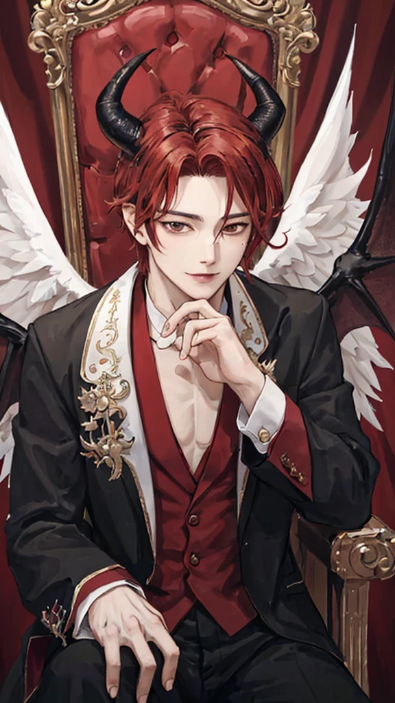 1man, 20 year's old man, portrait, angelic appearance, solo, male focus, red color hair, horns, black horns, tidy and clean hair, fair skin, Golden eyes, neat attire, well groomed, gentle expression, elegant smiled, beautiful handsomely, eye bags, demon, demon king, demon aura, dragonian man, Lucifer pose, Lucifer, half bodies shoot, black wings, wings, sitting on the throne