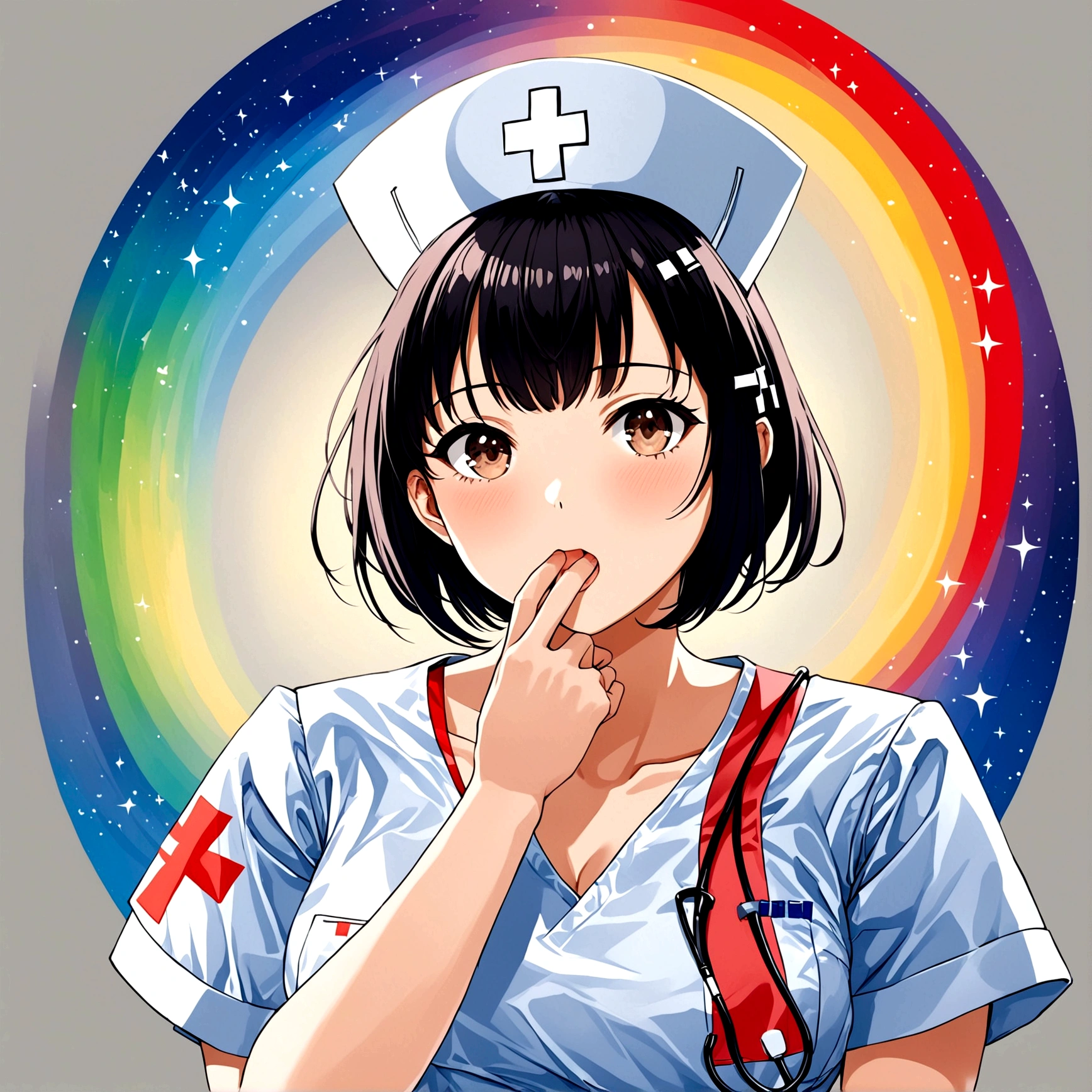Create the image of the nurse with her hand on her mouth, surprised with her eyes wide open.