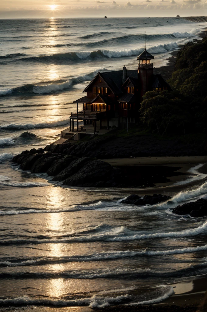 Dark Luxury House on a Beach, realistic, Sun goes Down, Perfect House