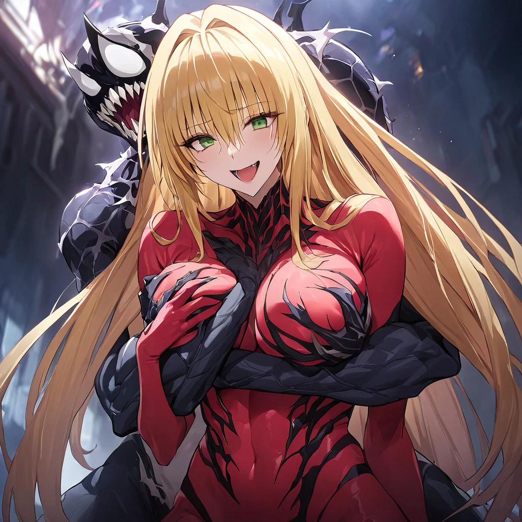 ((Highest quality)), ((masterpiece)), (detailed), (Perfect Face)、The Venom woman is Tearju, a green-eyed, blonde, medium-long-haired female Venom who has completely transformed into Venom and is wearing a red Venom suit that fits her entire body, including her head, covering the entire woman, and she has been reborn as the complete Venom Queen.、The woman is happily snuggling up to the male Venom King and holding a Venom baby.、The man is a Venom King with a strong and dignified body based on dark blue, and he is loved.、A happy and loving couple, King and Queen