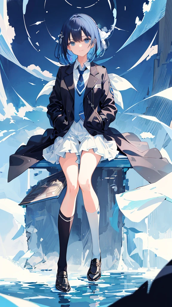 ((top-quality)), ((masterpiece)), ((Ultra-detail)), (extremely delicate and beautiful), girl with, solo, cold attitude,((Black jacket)),She is very(relax)with the(Settled down)Looks,A darK-haired, depth of fields,evil smile,Bubble, under the water, Air bubble,bright light blue eyes,Inner color with light blue hair and dark blue tips,Cold background,Bob Hair - Linear Art, shortpants、knee high socks、White uniform like 、Light blue ribbon ties、Clothes are sheer、Hands in pockets