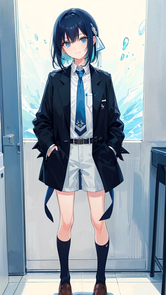 ((top-quality)), ((masterpiece)), ((Ultra-detail)), (extremely delicate and beautiful), girl with, solo, cold attitude,((Black jacket)),She is very(relax)with the(Settled down)Looks,A darK-haired, depth of fields,evil smile,Bubble, under the water, Air bubble,bright light blue eyes,Inner color with light blue hair and dark blue tips,Cold background,Bob Hair - Linear Art, shortpants、knee high socks、White uniform like 、Light blue ribbon ties、Clothes are sheer、Hands in pockets