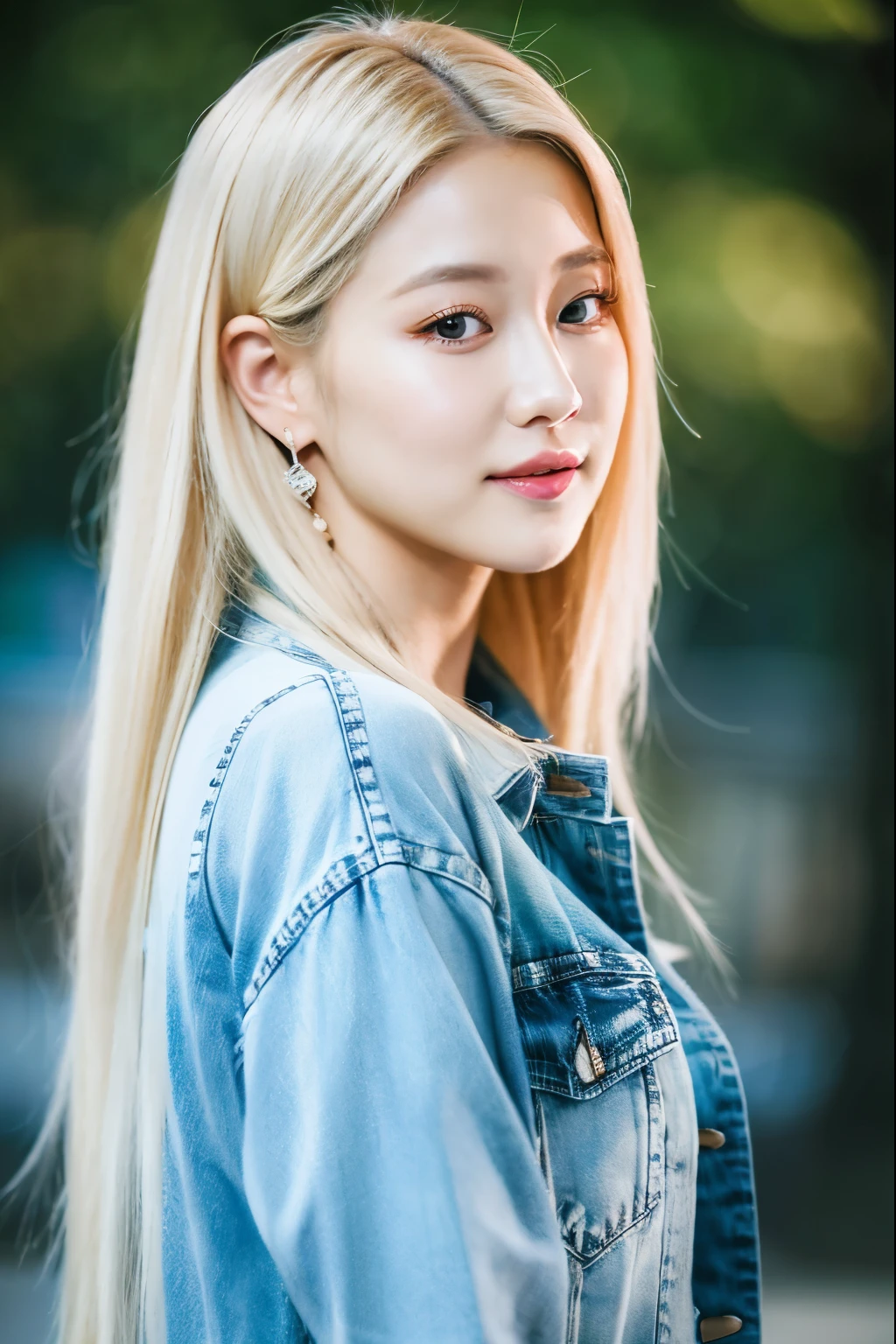 a woman with long blonde hair wearing a denim dress, roseanne park of blackpink, jossi of blackpink, portrait of jossi of blackpink, her hair is white, girl with white hair, sun yunjoo, with long white hair, jinyoung shin, she has blond hair, portrait of female korean idol, jaeyeon nam, heonhwa choe, korean idol