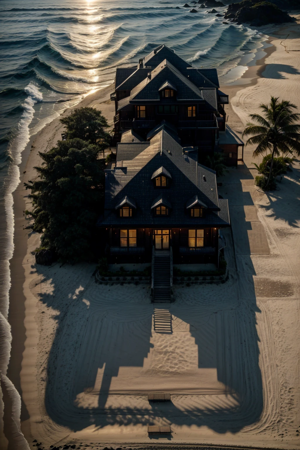 Dark Luxury House on a Beach, realistic, Sun goes Down, Perfect House