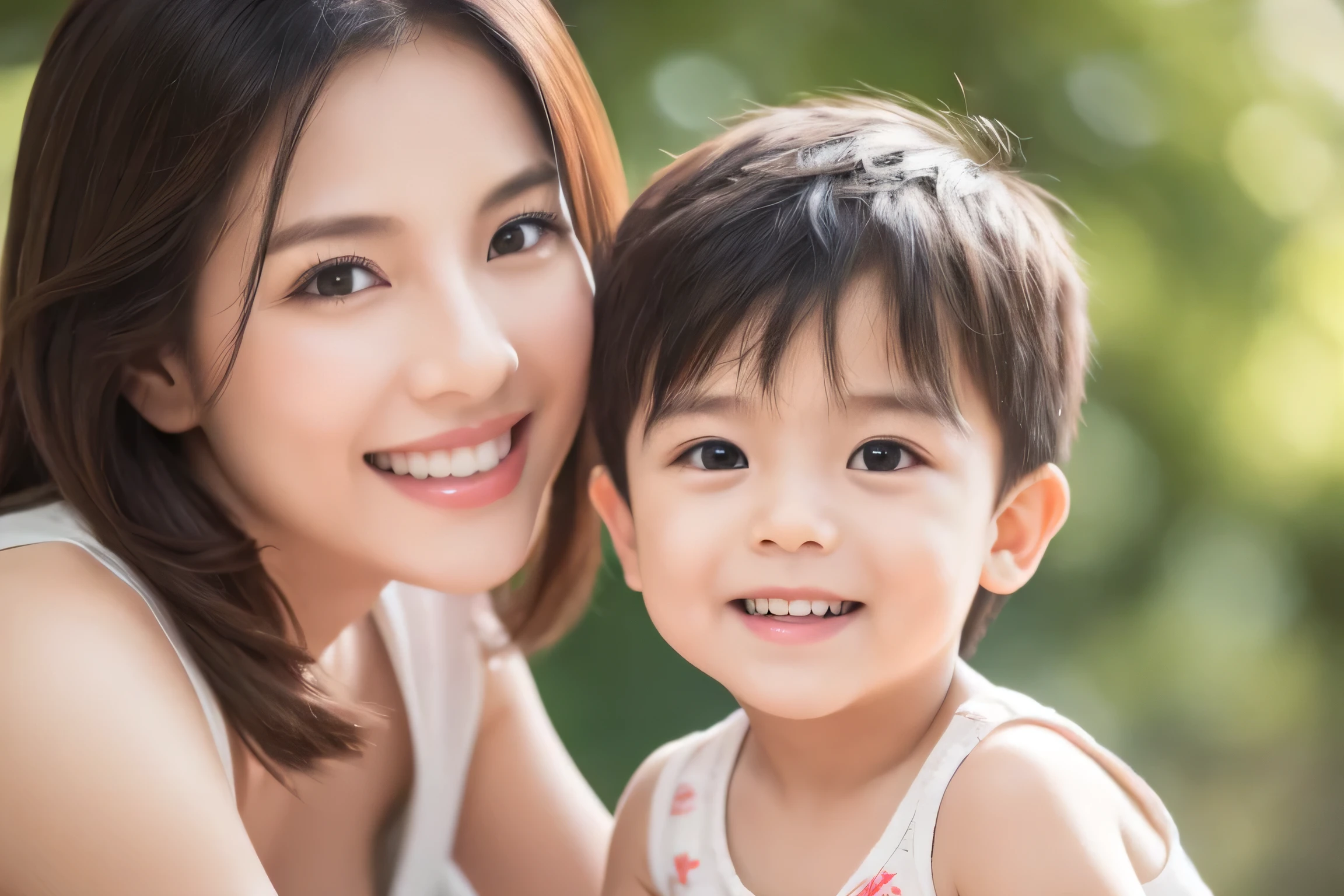 Beautiful mother and little boy together，teeth white and neat，Pay attention to detail，High-quality graphics。8K