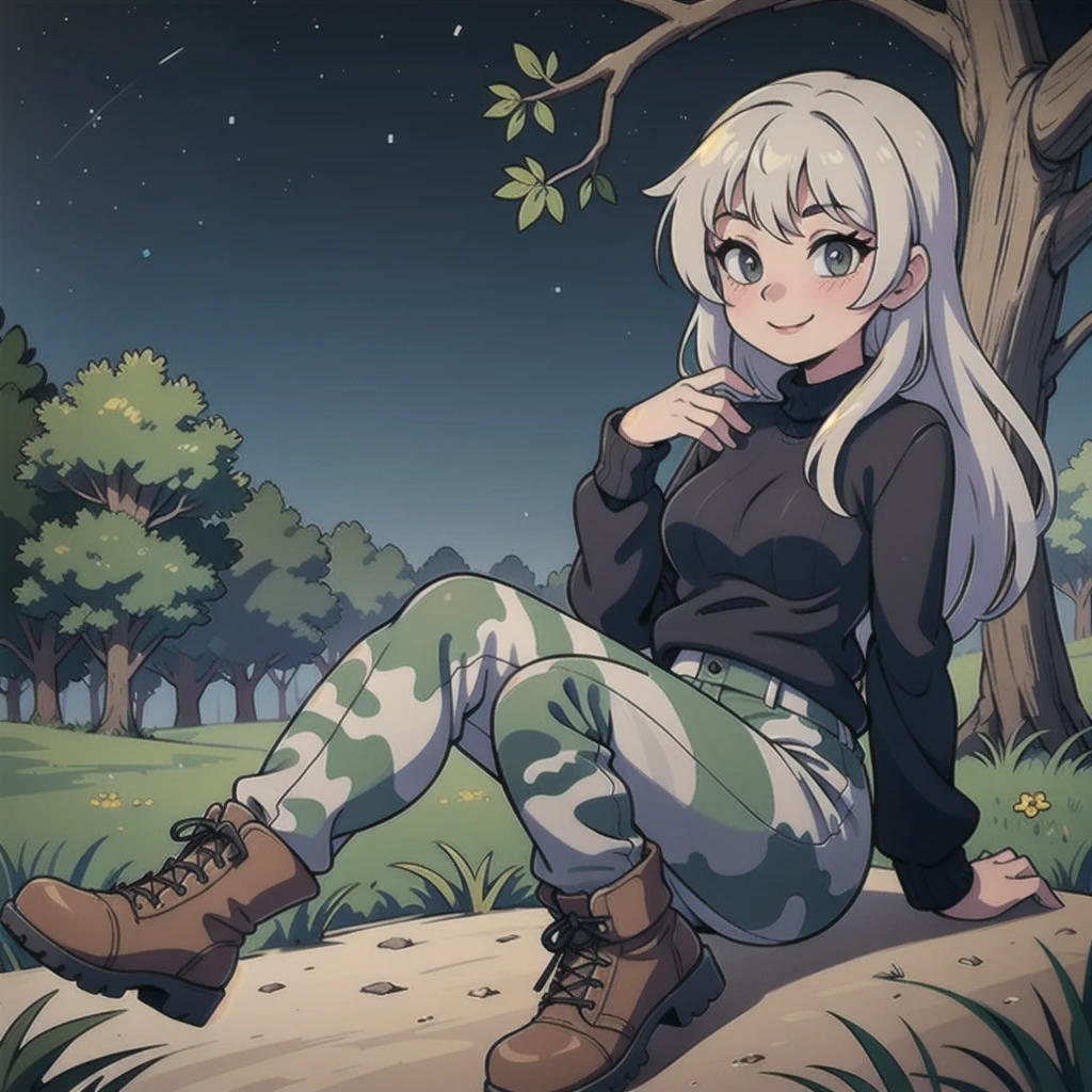  Girl wearing black sweaters, gray camouflage pants, seductive smile,army boots, forest night,