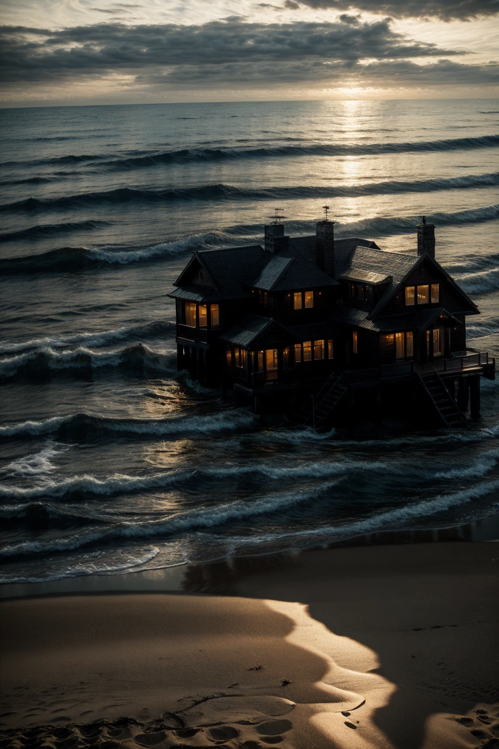 Dark Luxury House on a Beach, realistic, Sun goes Down, Perfect House