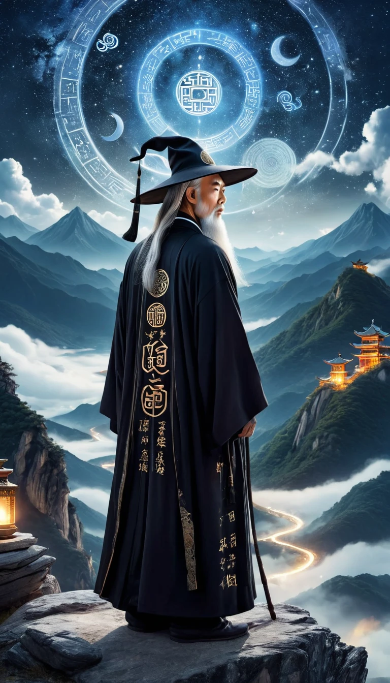 a wise old Chinese Taoist sorcerer in flowing black robe, long white beard and eyebrows, wearing a traditional scholar's hat, standing on a mountain peak gazing at the starry night sky, surrounded by glowing mystical runes and symbols, ethereal atmosphere, highly detailed, cinematic lighting, digital art, concept art, fantasy