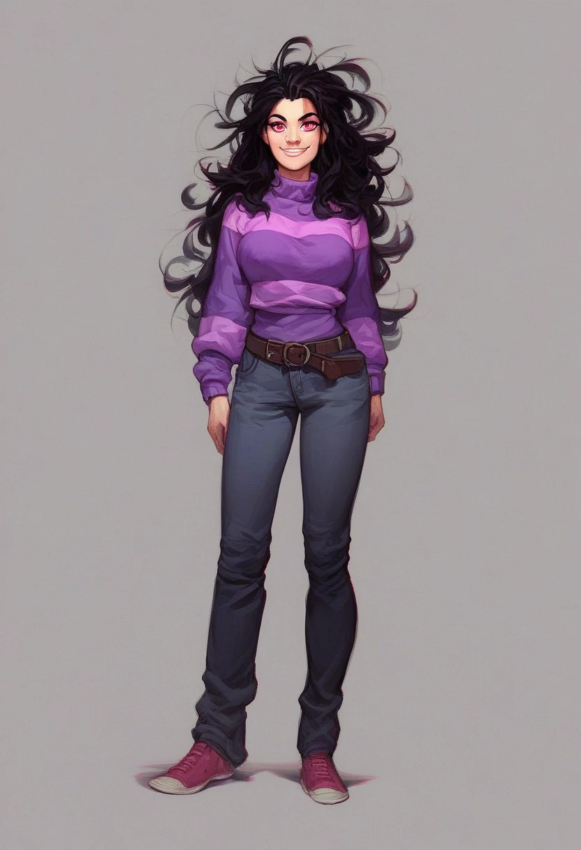 sarah_henderson, solo, long hair, smile, simple background, shirt, black hair, red eyes, 1girl full body, striped, belt, pants, pink eyes, grey background, sweater, messy hair, purple sweater, source, no outline