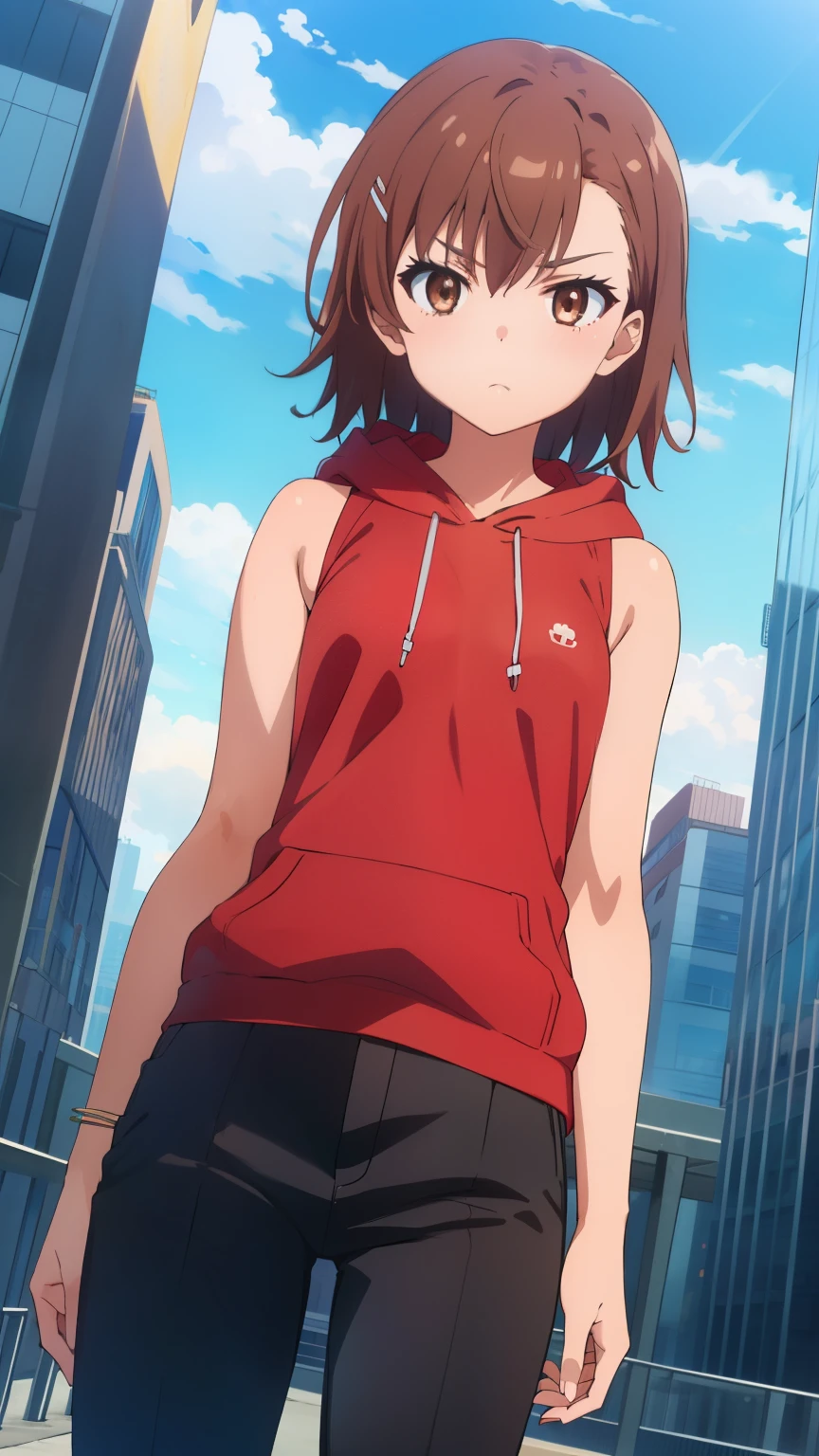 (masterpiece, best quality, 8k:1.2),Very detailed, (anime:1.1), misaka_mikoto, brown hair, medium hair, hairpin, medium breasts, 1girl, (red hoodie, sleeveless, pants, city, glare), dutch angle, looking at viewer,