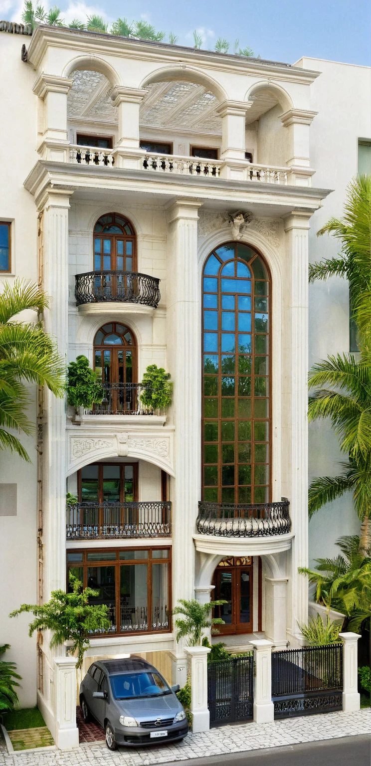 neo classical villa on street, (daylight), tropical tree, vivid colour, streetcapes, white tone, white wall, large glass door, warm interior lighting, wood and marble, best quality, 20ArchiAI_XL_NeoTH-v2