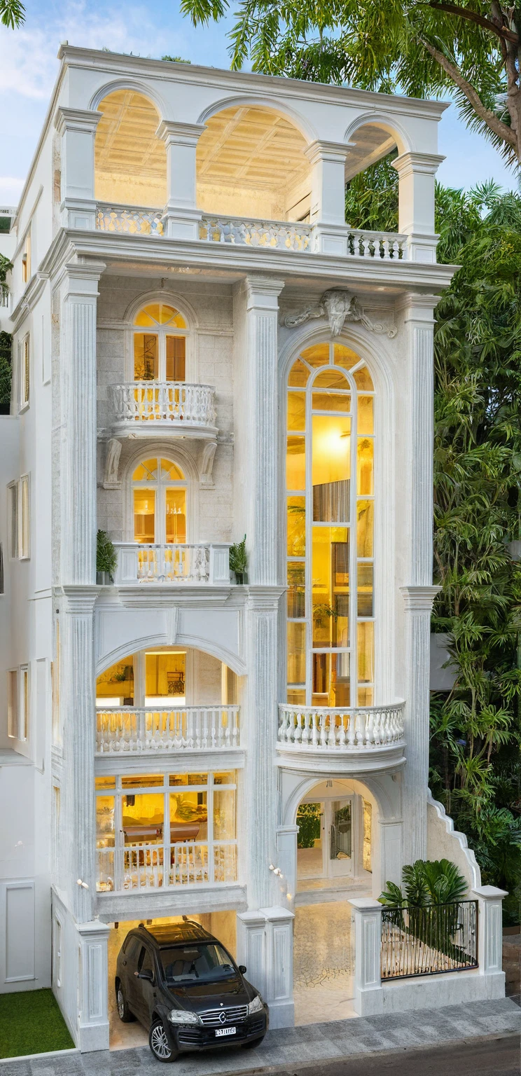 neo classical villa on street, (daylight), tropical tree, vivid colour, streetcapes, white tone, white wall, large glass door, warm interior lighting, wood and marble, best quality, 20ArchiAI_XL_NeoTH-v2