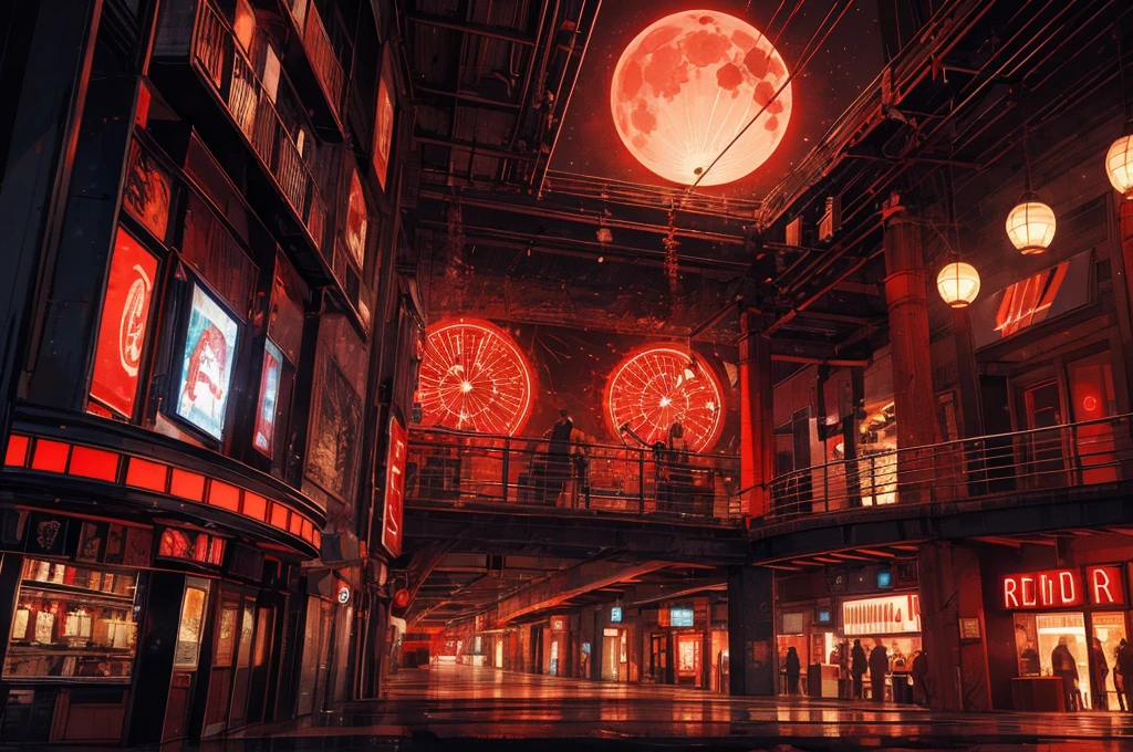 red casino, night, downtown, HDR, 4k resolution, red moon, firework, modern architecture, slot machine, indoor