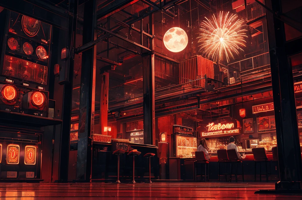 red casino, night, downtown, HDR, 4k resolution, red moon, firework, modern architecture, slot machine, indoor