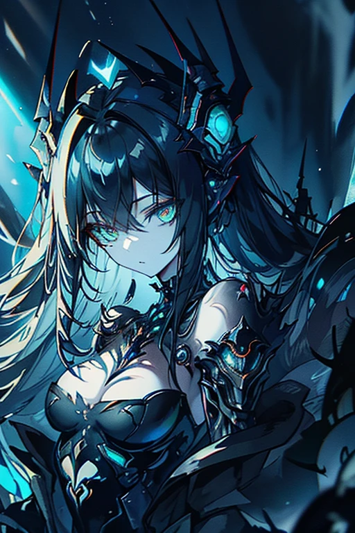 A cybernetically enhanced gothic alien girl, a masterpiece of mechanical horror looms in the shadows. This eerie creature is depicted in a hyper-realistic oil painting, capturing every intricate detail in stunning clarity. Its metallic fins glimmer with neon lights, contrasting starkly against its decaying scales. The background is a dark, polluted cityscape, adding to the ominous atmosphere of the image. The overall quality of the painting is so lifelike that it feels as if the alien could leap out of the canvas at any moment.