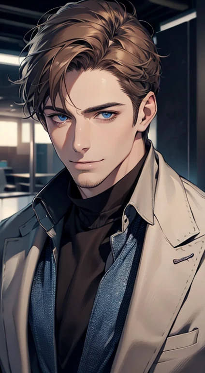 (best quality,4k,8k,highres,masterpiece:1.2),ultra-detailed,(realistic,photorealistic,photo-realistic:1.37),1 man,31 years old,mature man,very handsome,without expression,smile,short grey brown hair,blue eyes,penetrating gaze,perfect face without errors,imposing posture,businessman,office background,cinematic lighting,hdr image