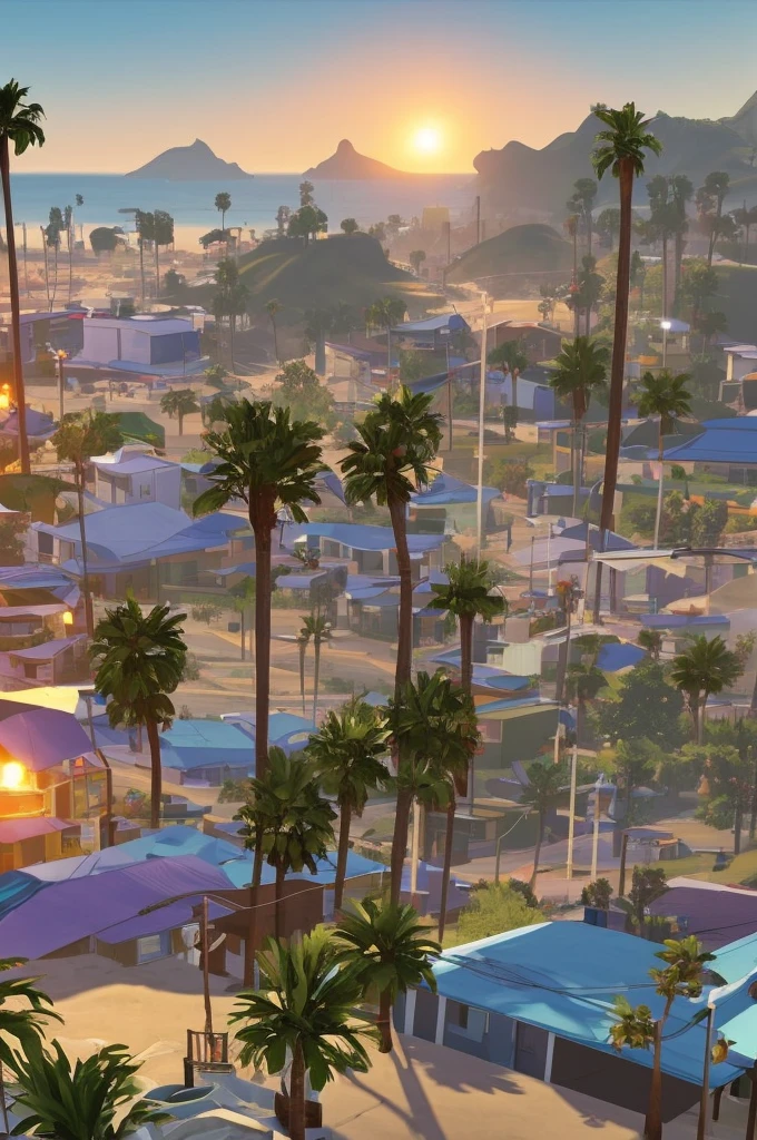 Create a beautiful landscape of a favela in the same style as GTA 5, The sun is setting