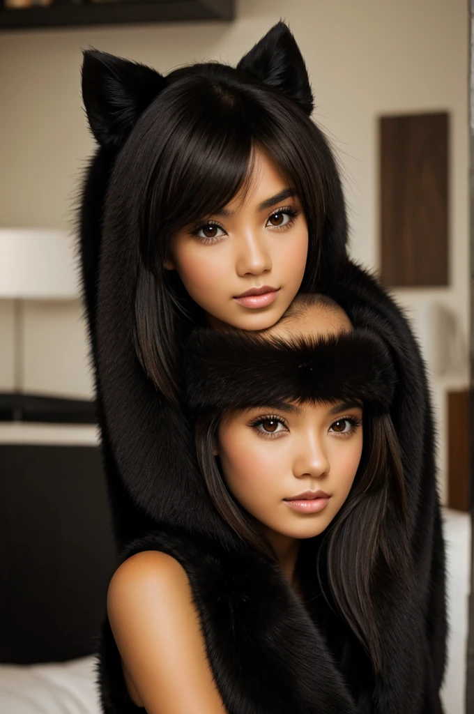 short girl, long black fur, strong brown eyes,beautiful, 